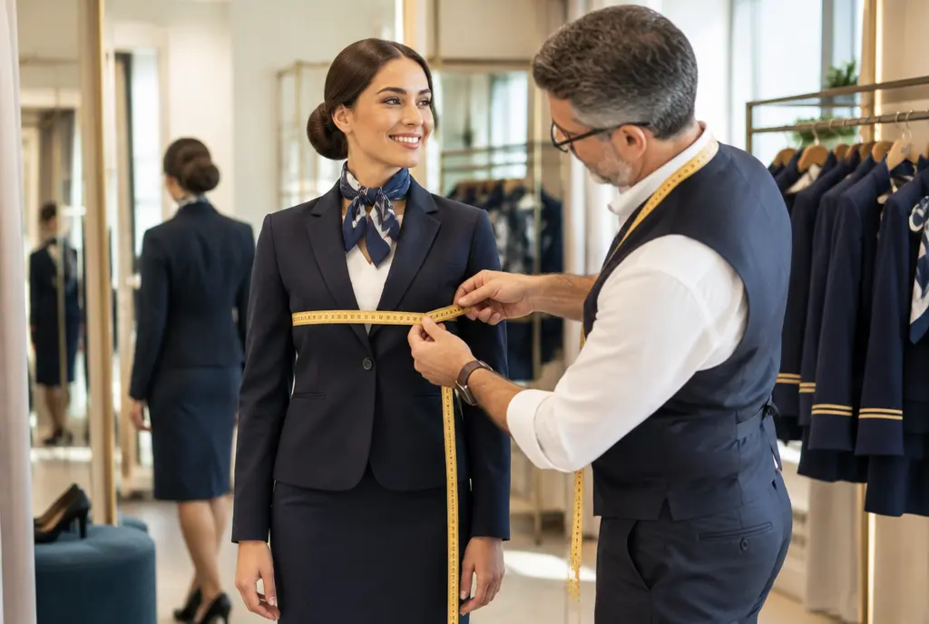 A tailor measures a receptionist in a navy blazer during a fitting