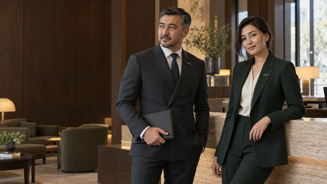 Hotel manager in a charcoal double-breasted suit and a receptionist in a dark green suit at a travertine desk