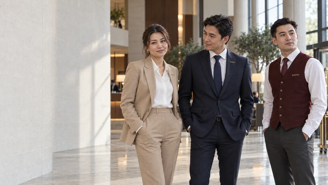Hotel team in a beige suit, a navy suit and a burgundy waistcoat in a sunlit lobby